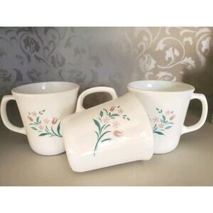 Set Of 3 Vintage Corelle Corning Ware Rosemarie Pink Teal Tulip Coffee Cups Mugs